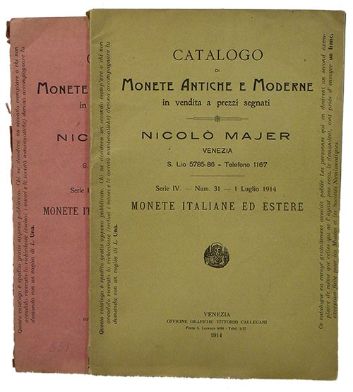 Item #1922 CATALOGO DI MONETE ANTICHE E MODERNE IN VENDITA A PREZZI SEGNATI. Nicoló Majer.