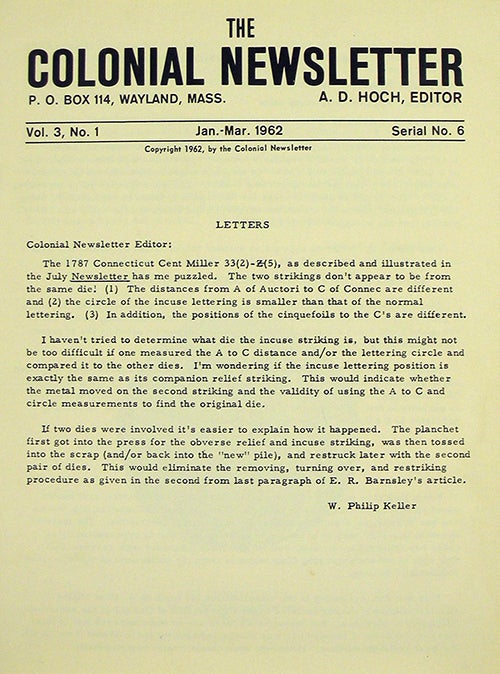 Item #3366 THE COLONIAL NEWSLETTER. Vol. 3, No. 1 (Serial No. 6). Colonial Newsletter Foundation.