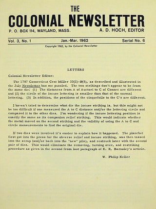 Item #3366 THE COLONIAL NEWSLETTER. Vol. 3, No. 1 (Serial No. 6). Colonial Newsletter Foundation