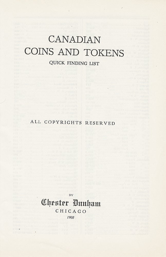Item #5346 CANADIAN COINS AND TOKENS: QUICK FINDING LIST. Chester Dunham.