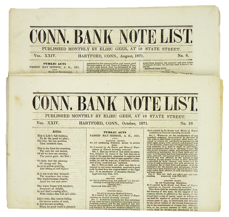 Item #5780 CONN. BANK NOTE LIST. Vol. XXIV, Nos. 8 and 10 (Aug. and Oct. 1871). Elihu Geer.