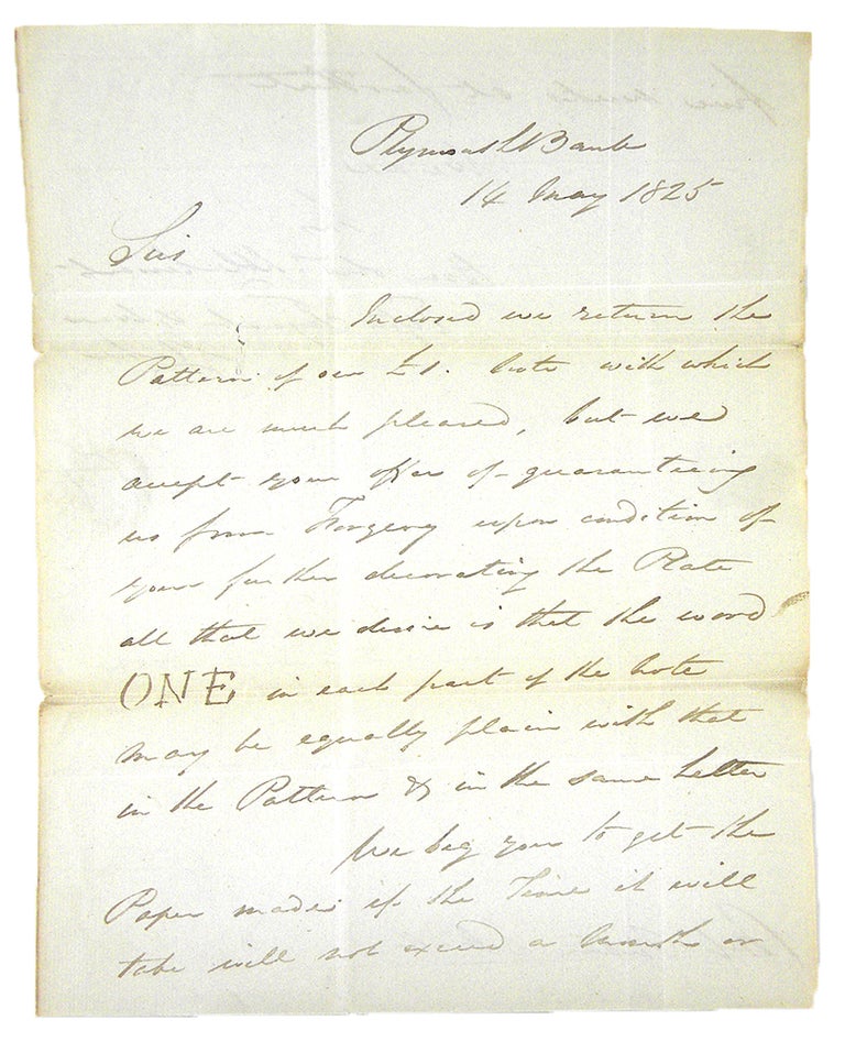 Item #6118 1825 LETTER TO PERKINS & HEATH REGARDING PLATES FOR £1 NOTE ON THE PLYMOUTH BANK. Tingcombe Elford, Clark.