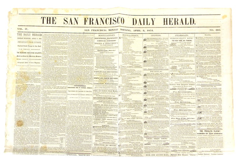 Item #6321 COMPLETE ISSUE OF A SAN FRANCISCO NEWSPAPER, WITH NUMISMATIC CONTENT, PUBLISHED ON THE DAY THE SAN FRANCISCO MINT OPENED.; Volume IV, Number 305. San Francisco Daily Herald.