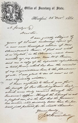 Item #6683 HANDWRITTEN LETTER, SIGNED, DATED 26 OCTOBER 1861 ON CONNECTICUT SECRETARY OF STATE...