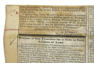 NEWSPAPER CLIPPING ALBUM WITH MATERIAL RELATING TO THE CALIFORNIA GOLD RUSH ERA.
